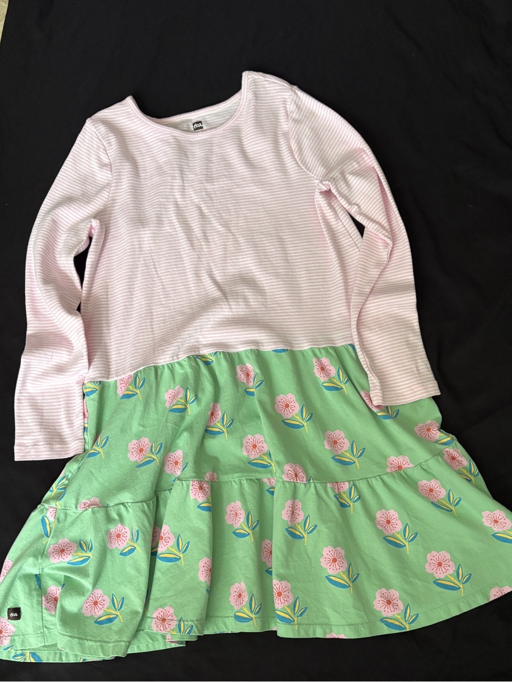 Tea Collection Pink Striped Top with Green Floral Tiered Skirt Dress